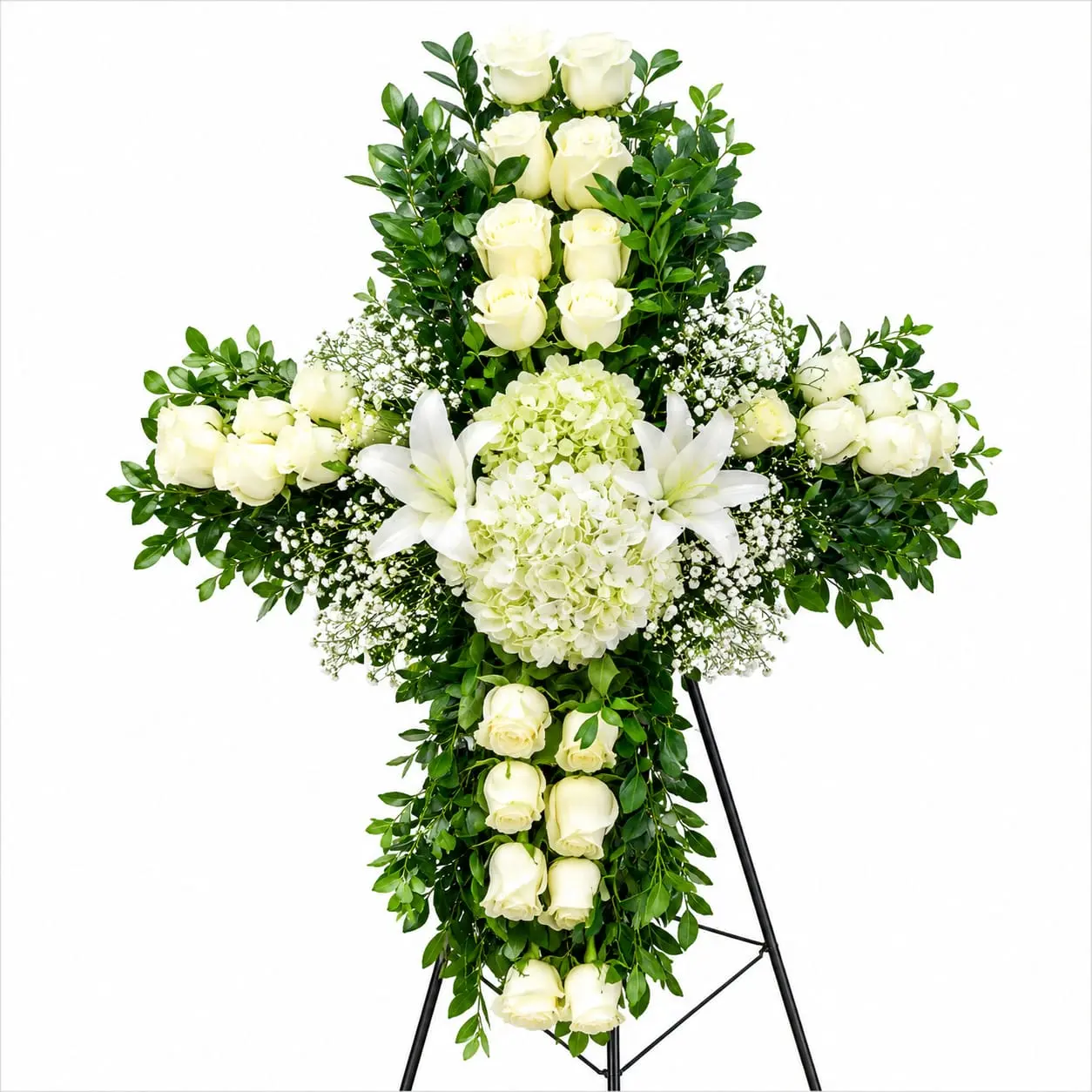 Arreglo floral de condolencias con rosas blancas en forma de cruz con lirios y hortensias para velorios elegante y sobrio con entrega a domicilio en Lima